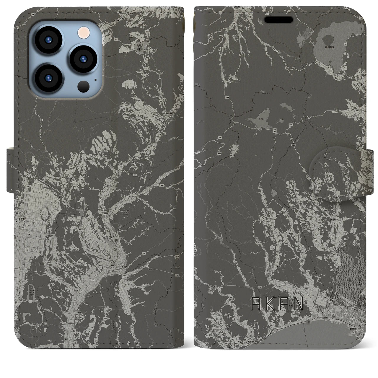 【阿寒(北海道)】地図柄iPhoneケース(手帳タイプ)モノトーン・iPhone 13 Pro Max 用