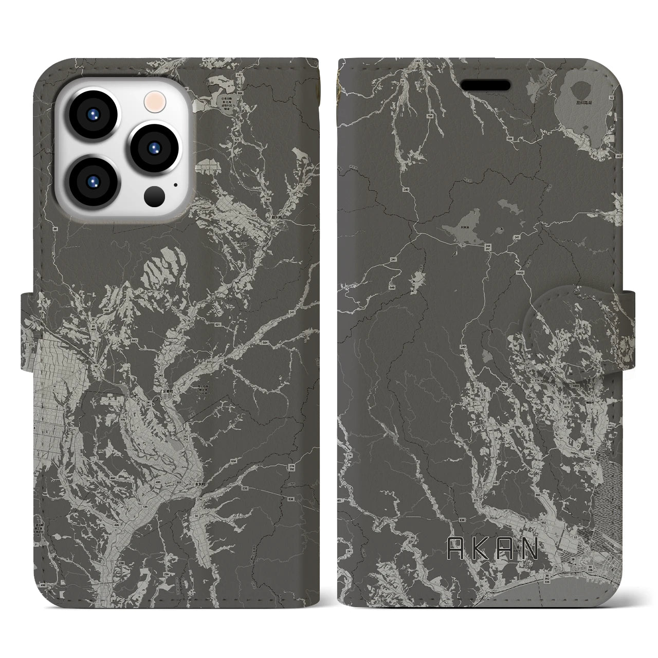 【阿寒(北海道)】地図柄iPhoneケース(手帳タイプ)モノトーン・iPhone 13 Pro 用