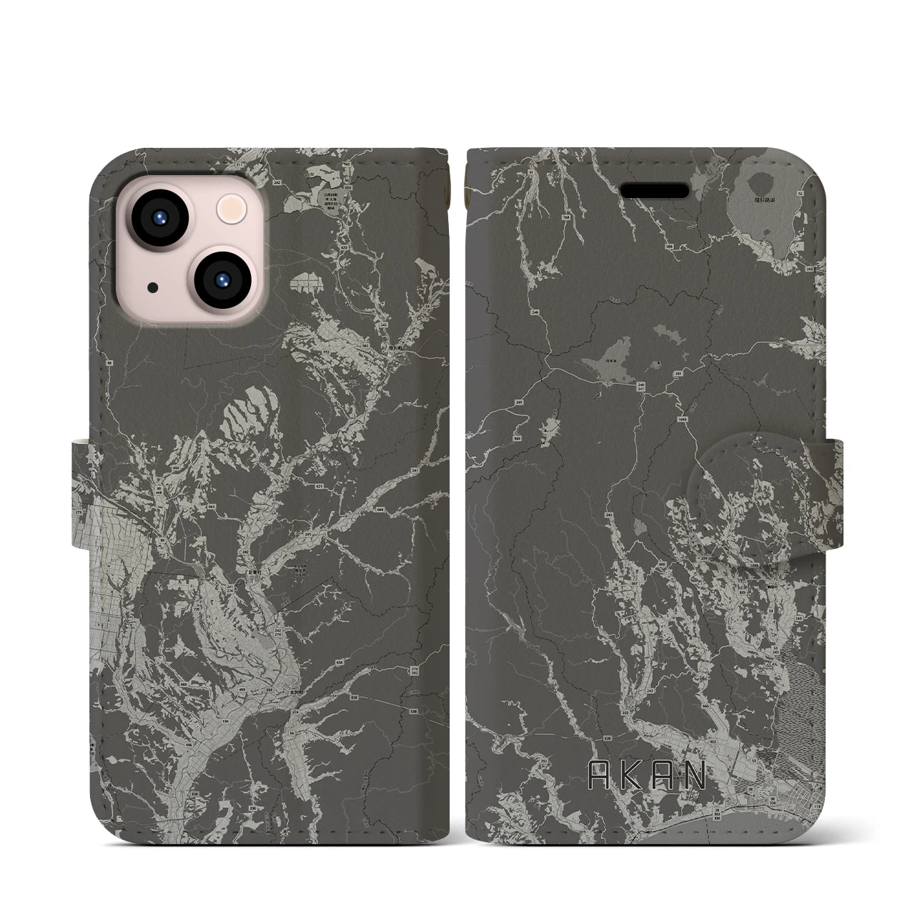【阿寒(北海道)】地図柄iPhoneケース(手帳タイプ)モノトーン・iPhone 13 mini 用
