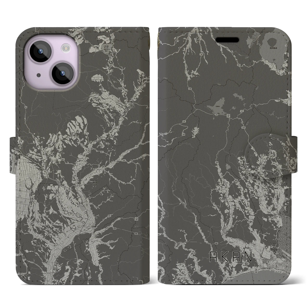 【阿寒(北海道)】地図柄iPhoneケース(手帳タイプ)モノトーン・iPhone 14 用