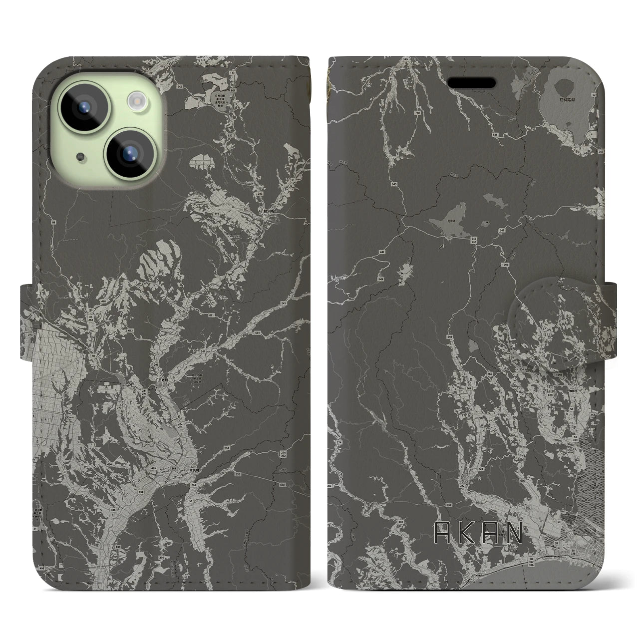 【阿寒(北海道)】地図柄iPhoneケース(手帳タイプ)モノトーン・iPhone 15 用
