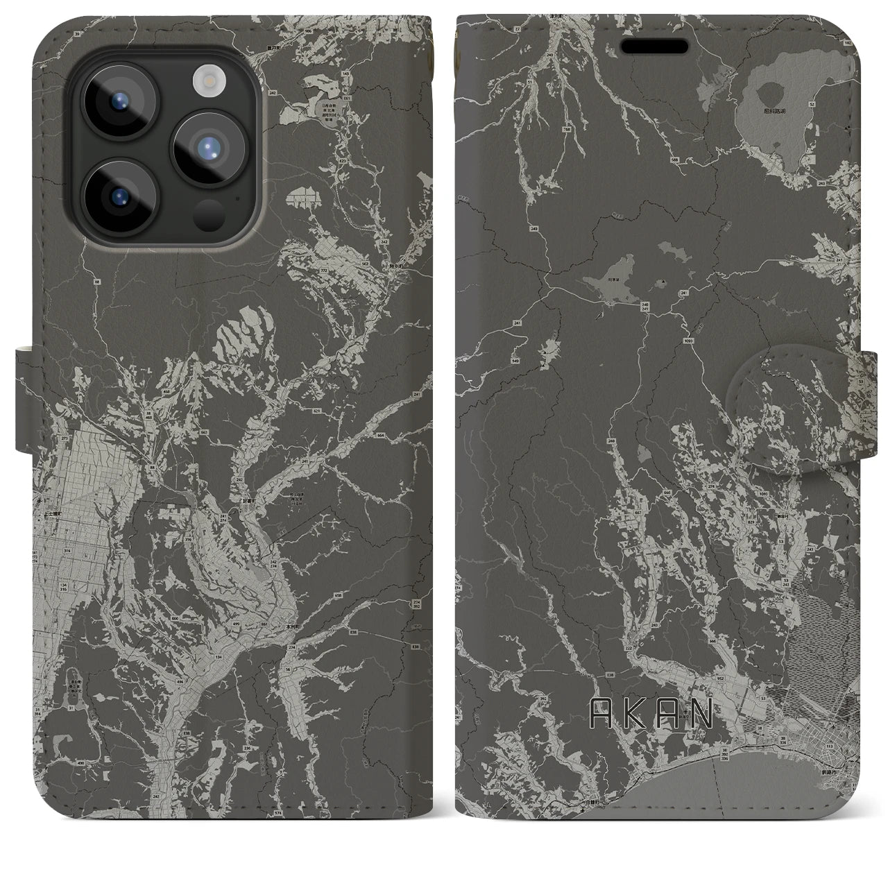 【阿寒(北海道)】地図柄iPhoneケース(手帳タイプ)モノトーン・iPhone 15 Pro Max 用