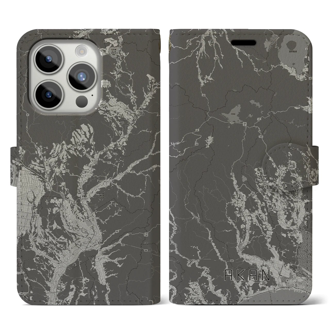 【阿寒(北海道)】地図柄iPhoneケース(手帳タイプ)モノトーン・iPhone 15 Pro 用