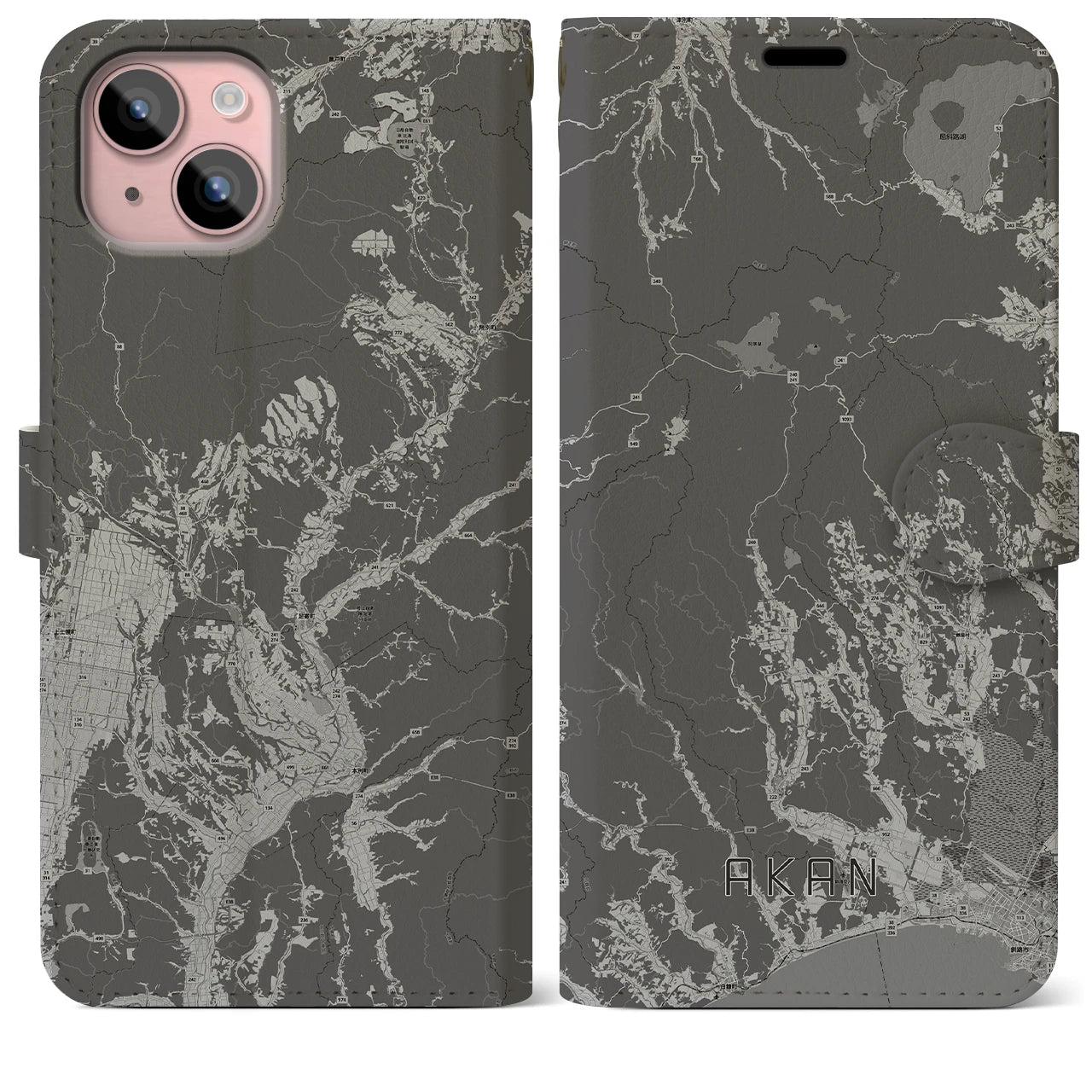 【阿寒(北海道)】地図柄iPhoneケース(手帳タイプ)モノトーン・iPhone 15 Plus 用