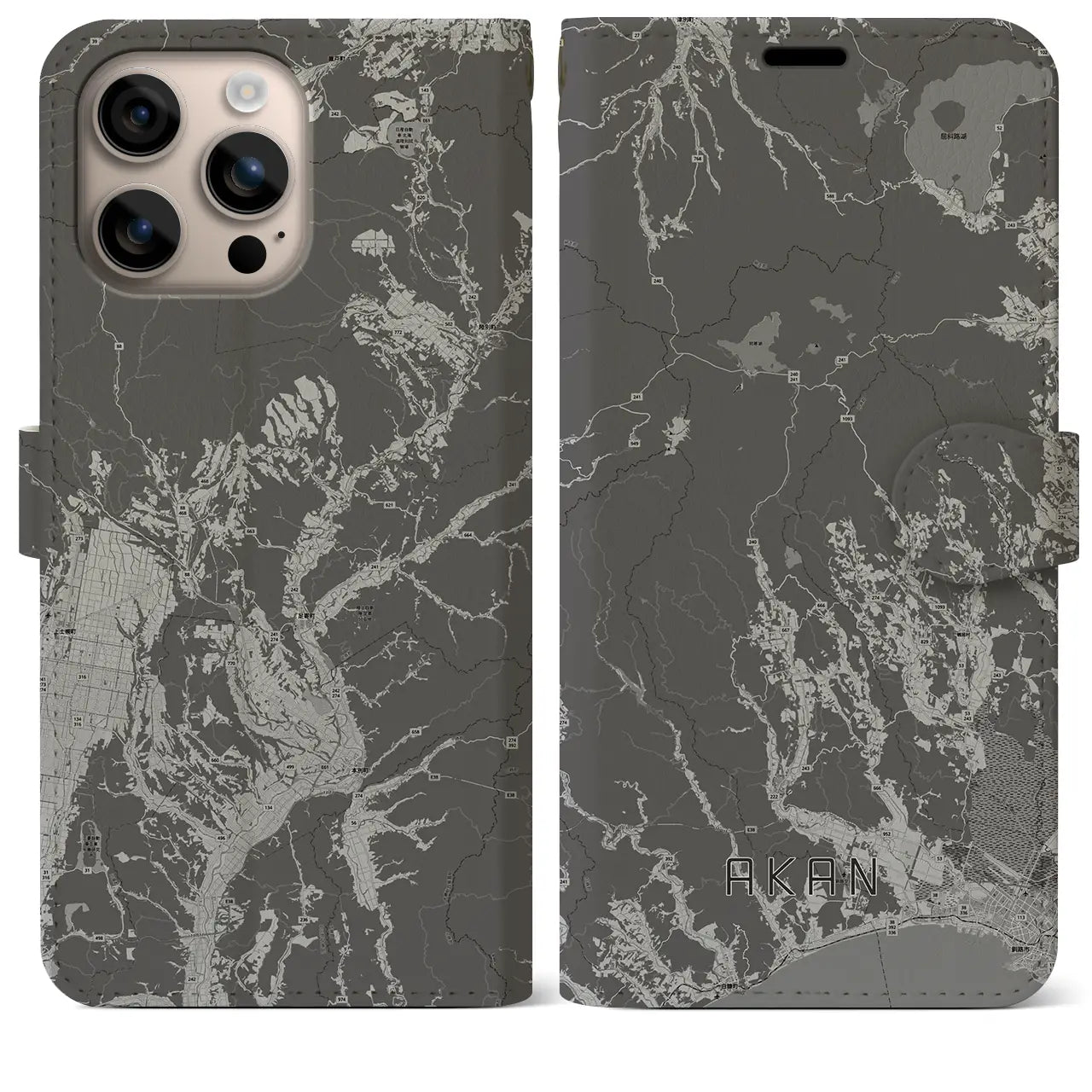 【阿寒(北海道)】地図柄iPhoneケース(手帳タイプ)モノトーン・iPhone 16 Plus 用
