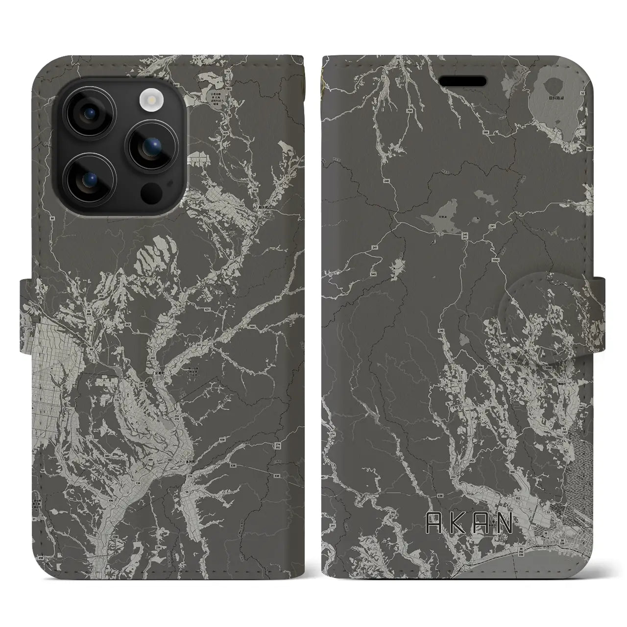 【阿寒(北海道)】地図柄iPhoneケース(手帳タイプ)モノトーン・iPhone 16 用