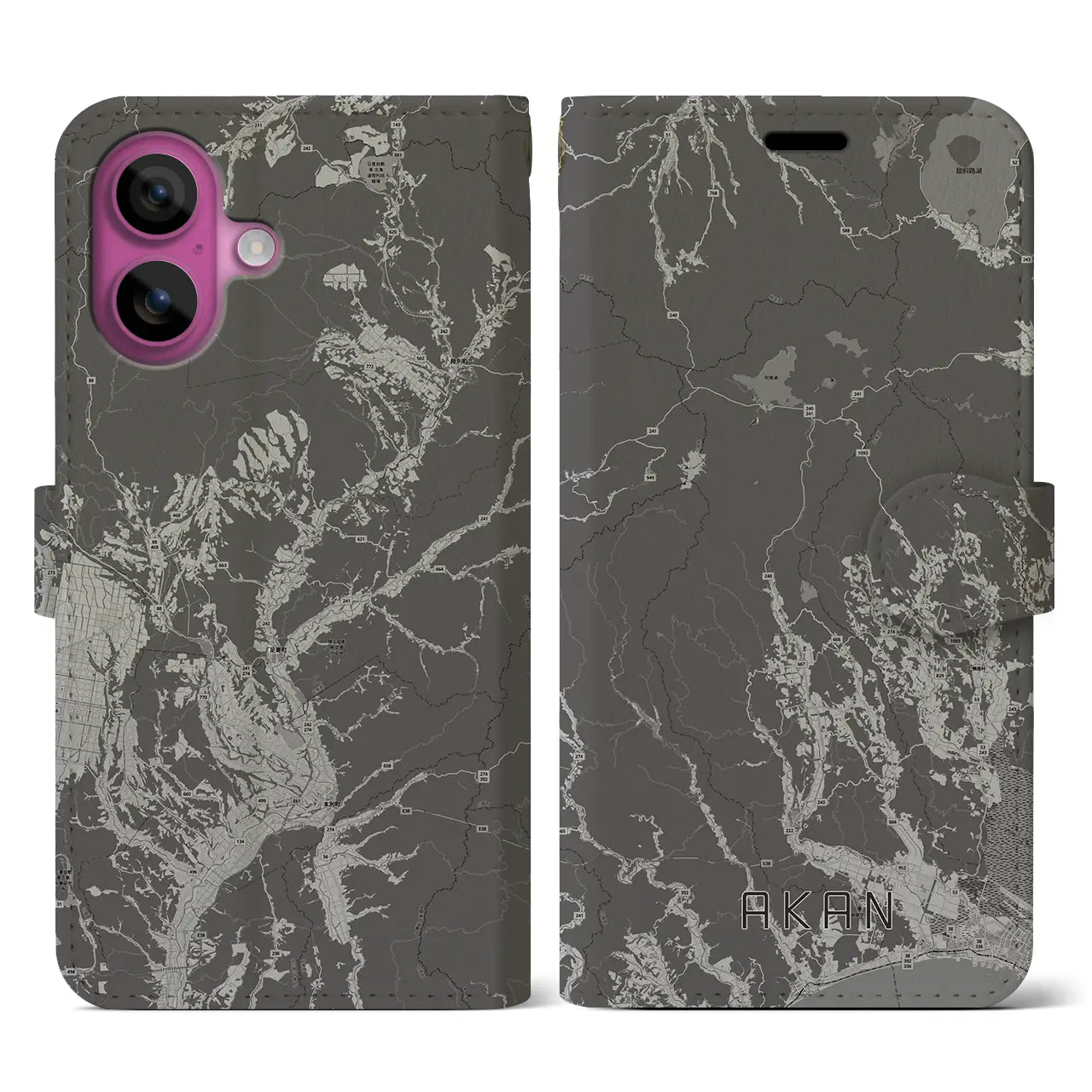 【阿寒(北海道)】地図柄iPhoneケース(手帳タイプ)モノトーン・iPhone 16 Pro 用