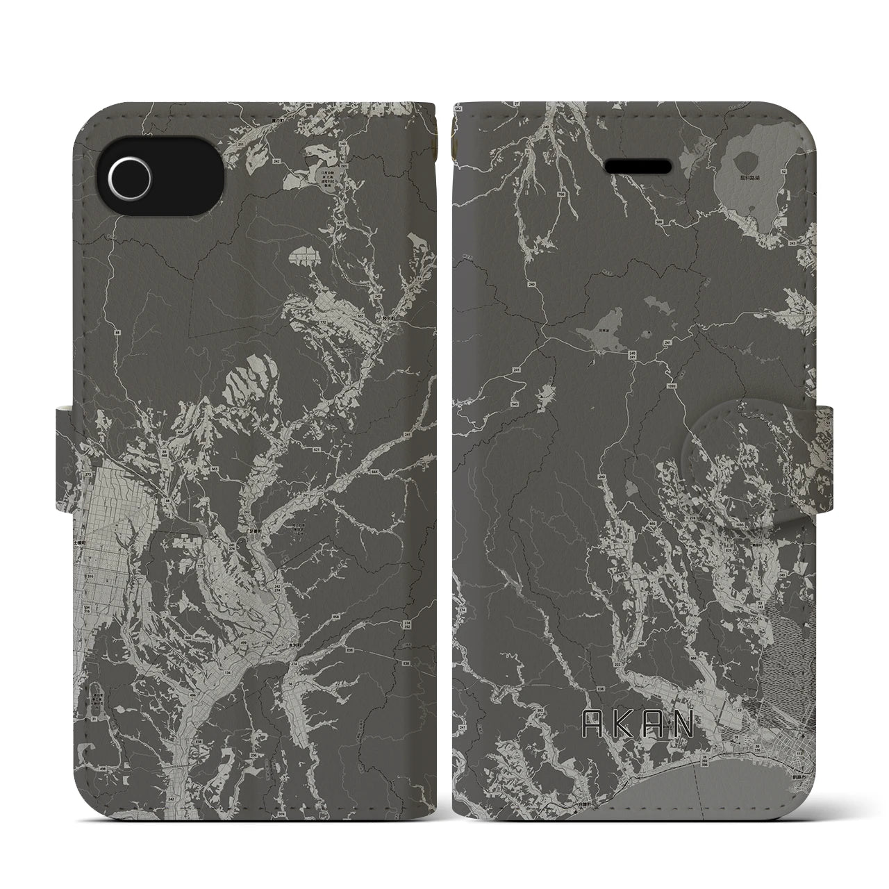 【阿寒(北海道)】地図柄iPhoneケース(手帳タイプ)モノトーン・iPhone SE(第3 / 第2世代) / 8 / 7 / 6s / 6 用