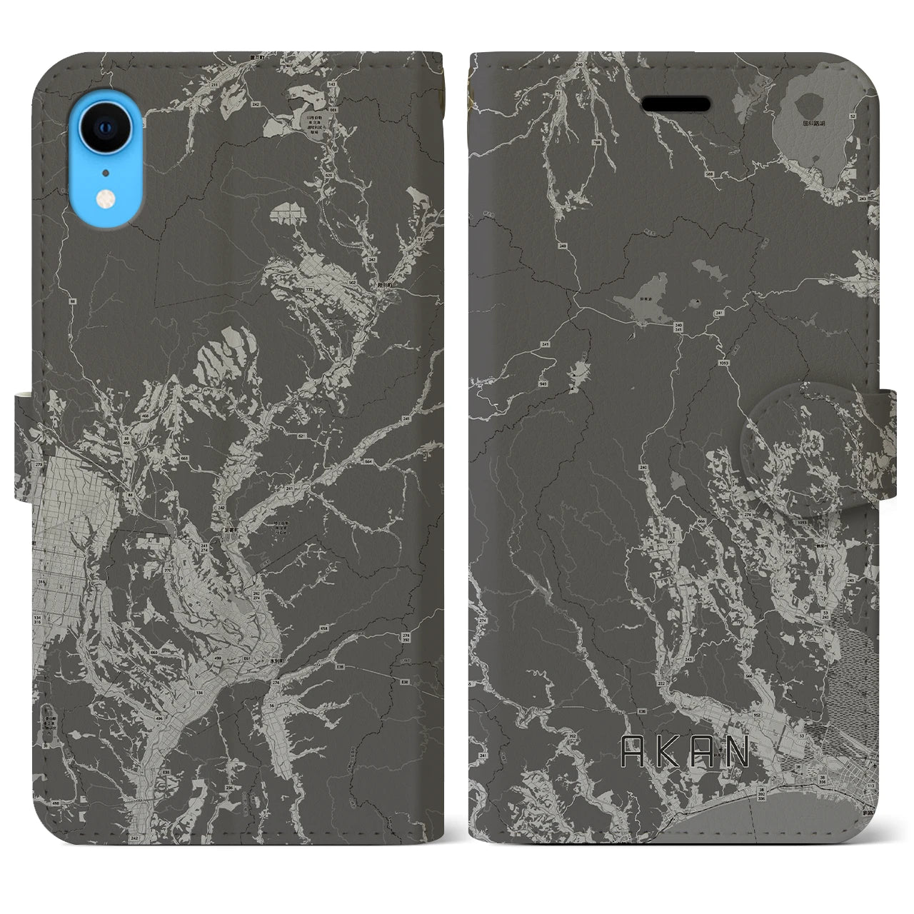 【阿寒(北海道)】地図柄iPhoneケース(手帳タイプ)モノトーン・iPhone XR 用