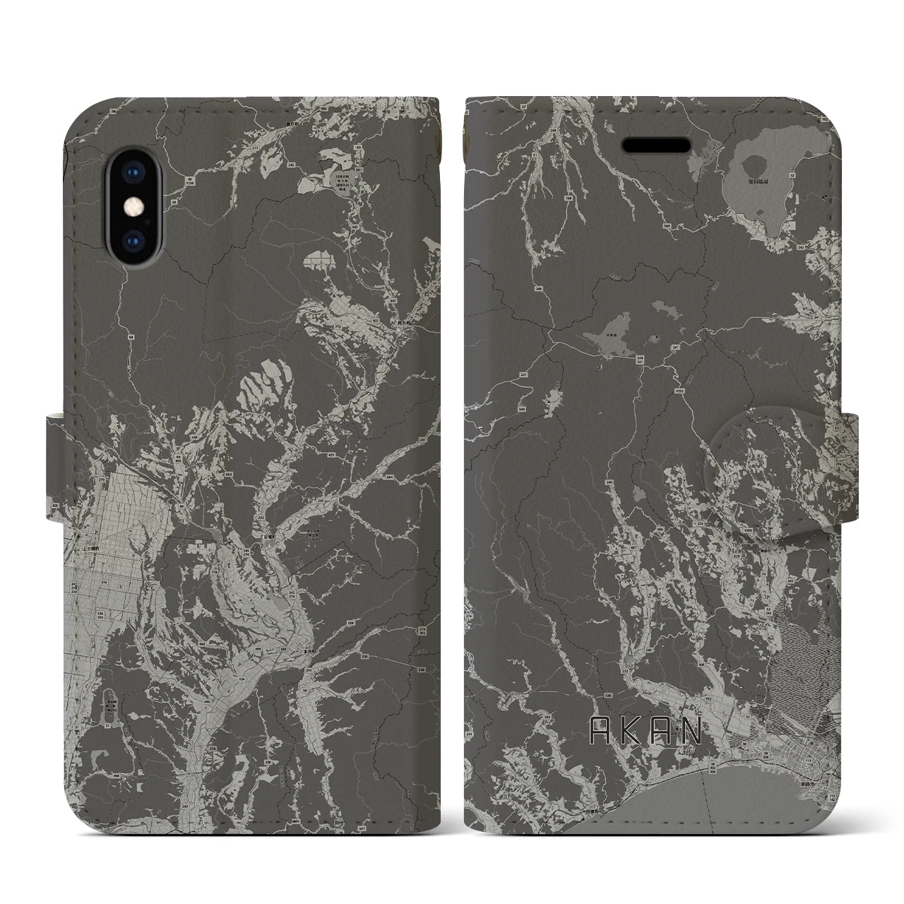 【阿寒(北海道)】地図柄iPhoneケース(手帳タイプ)モノトーン・iPhone XS / X 用