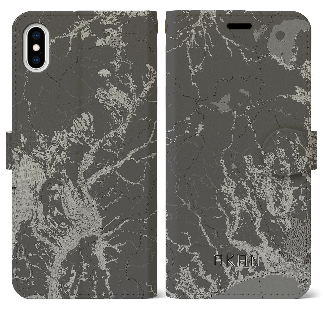 【阿寒(北海道)】地図柄iPhoneケース(手帳タイプ)モノトーン・iPhone XS Max 用