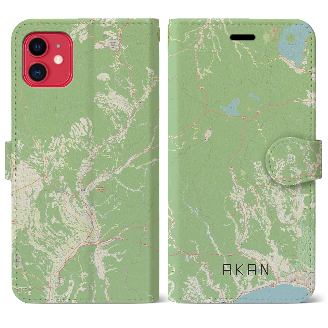 【阿寒(北海道)】地図柄iPhoneケース(手帳タイプ)ナチュラル・iPhone 11 用