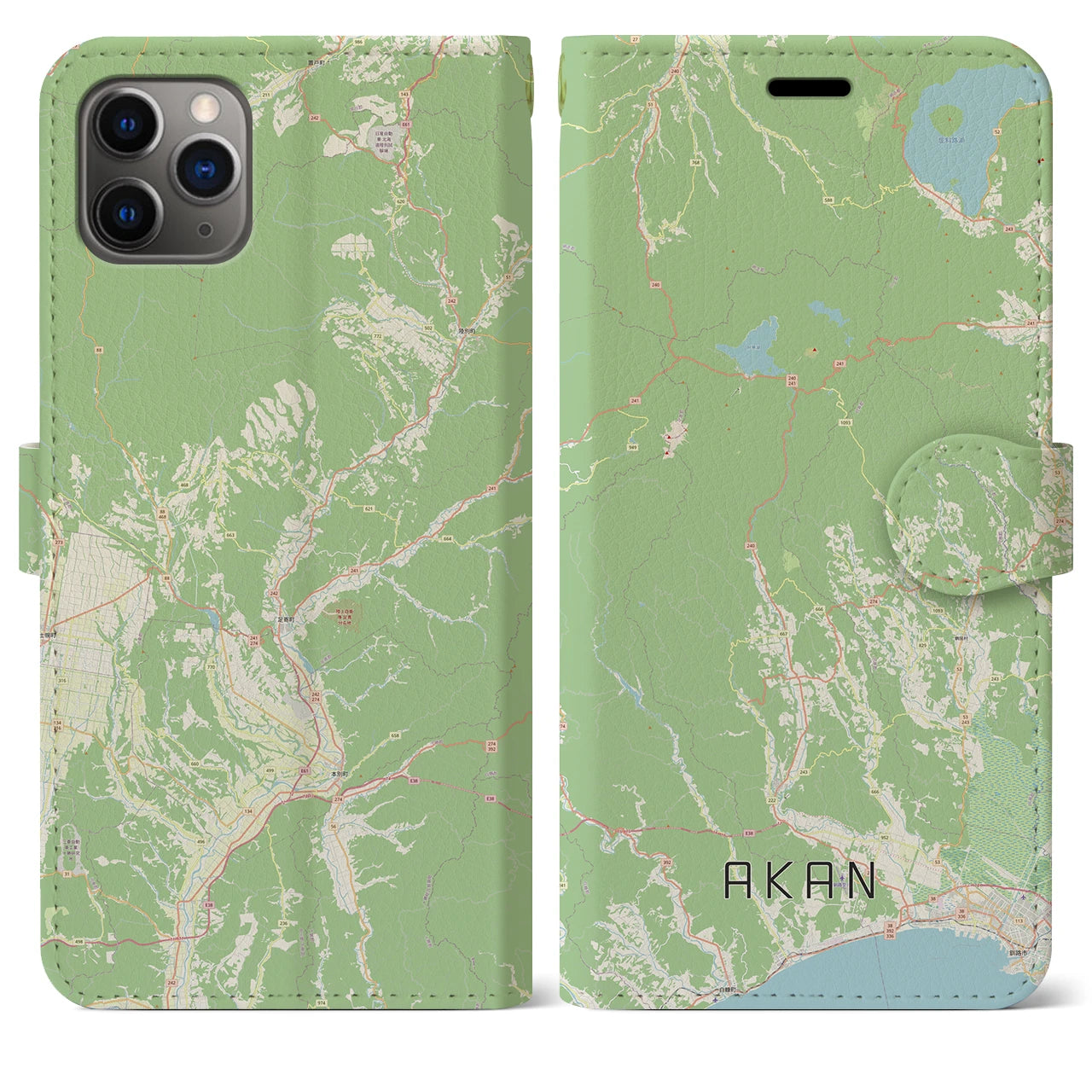 【阿寒(北海道)】地図柄iPhoneケース(手帳タイプ)ナチュラル・iPhone 11 Pro Max 用