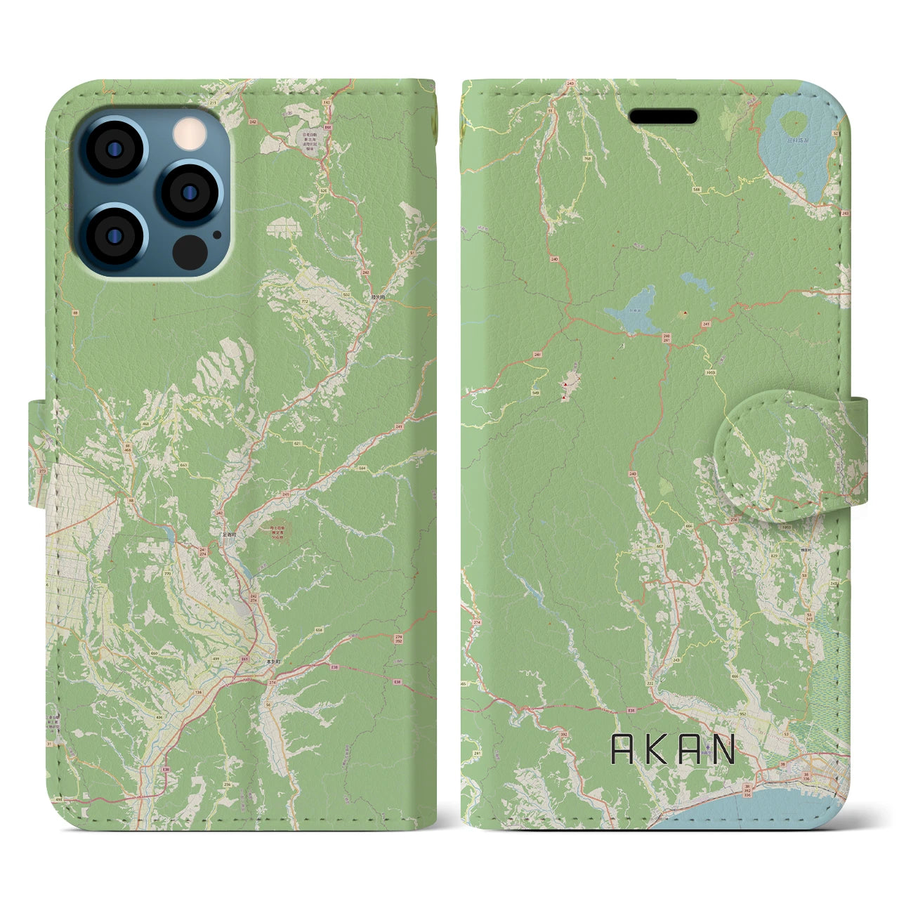【阿寒(北海道)】地図柄iPhoneケース(手帳タイプ)ナチュラル・iPhone 12 / 12 Pro 用