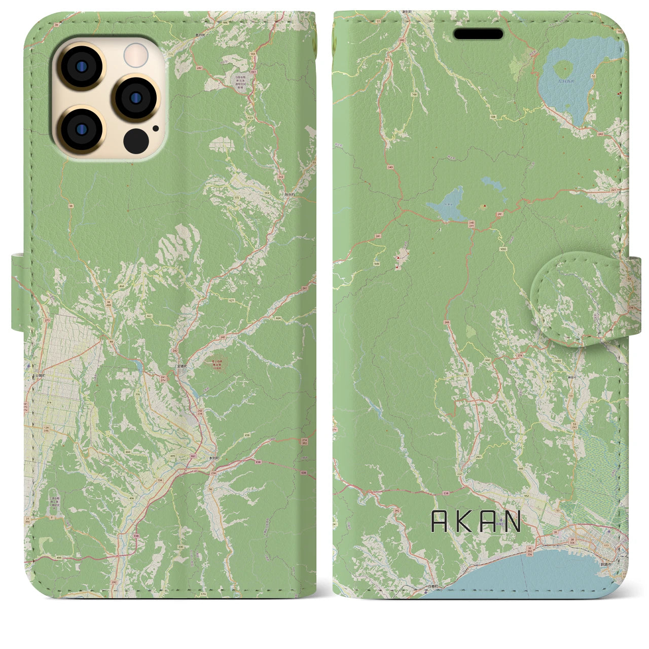 【阿寒(北海道)】地図柄iPhoneケース(手帳タイプ)ナチュラル・iPhone 12 Pro Max 用