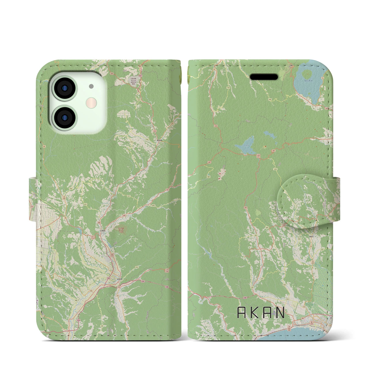 【阿寒(北海道)】地図柄iPhoneケース(手帳タイプ)ナチュラル・iPhone 12 mini 用