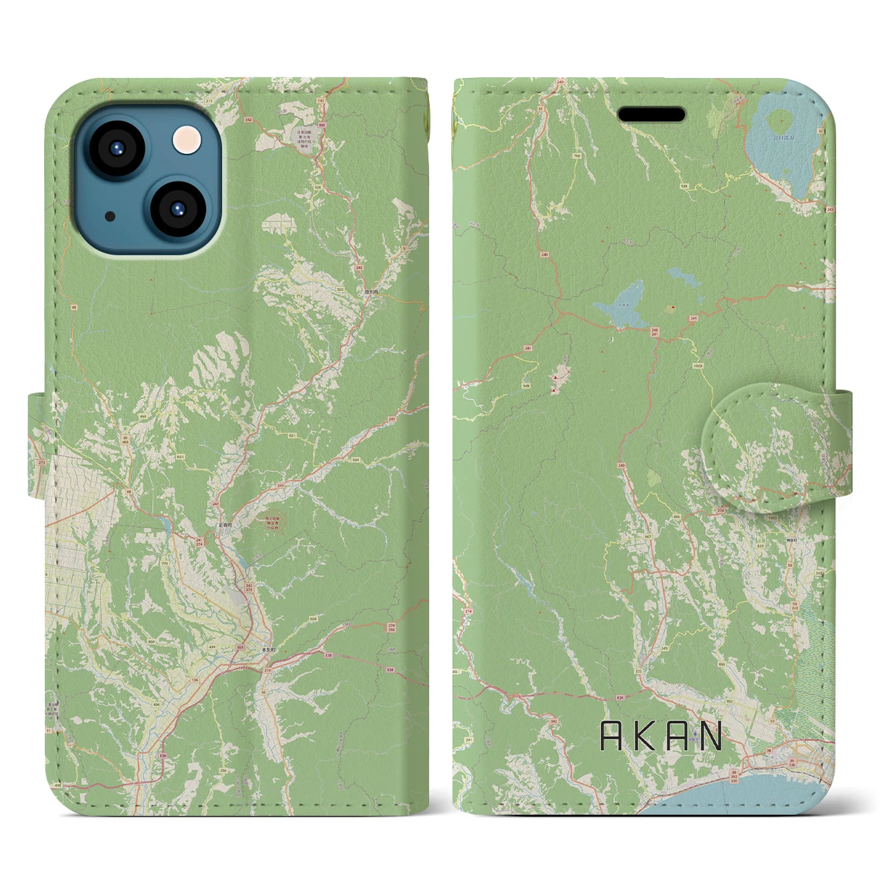 【阿寒(北海道)】地図柄iPhoneケース(手帳タイプ)ナチュラル・iPhone 13 用