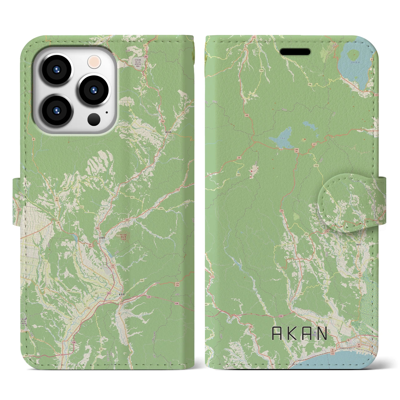 【阿寒(北海道)】地図柄iPhoneケース(手帳タイプ)ナチュラル・iPhone 13 Pro 用