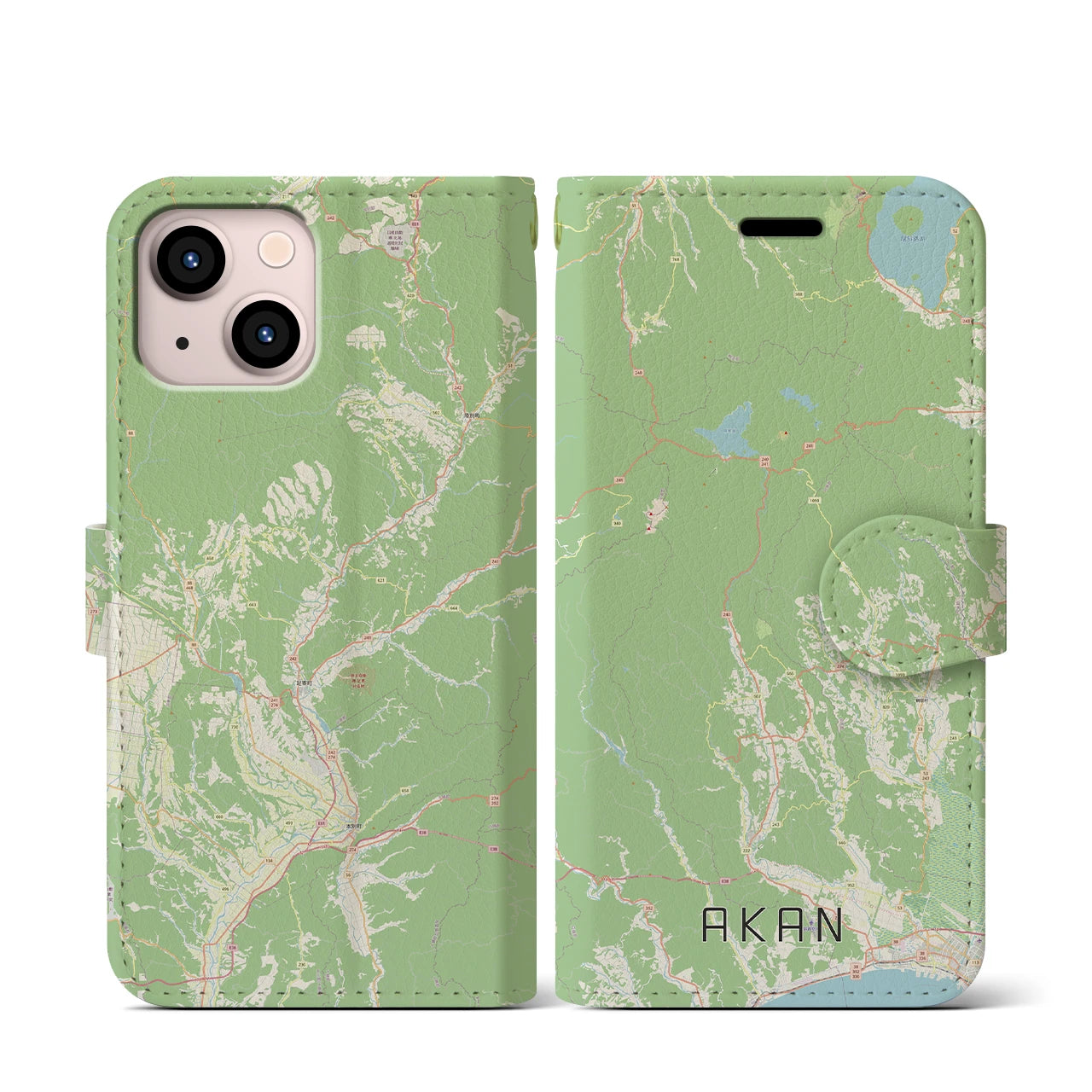 【阿寒(北海道)】地図柄iPhoneケース(手帳タイプ)ナチュラル・iPhone 13 mini 用
