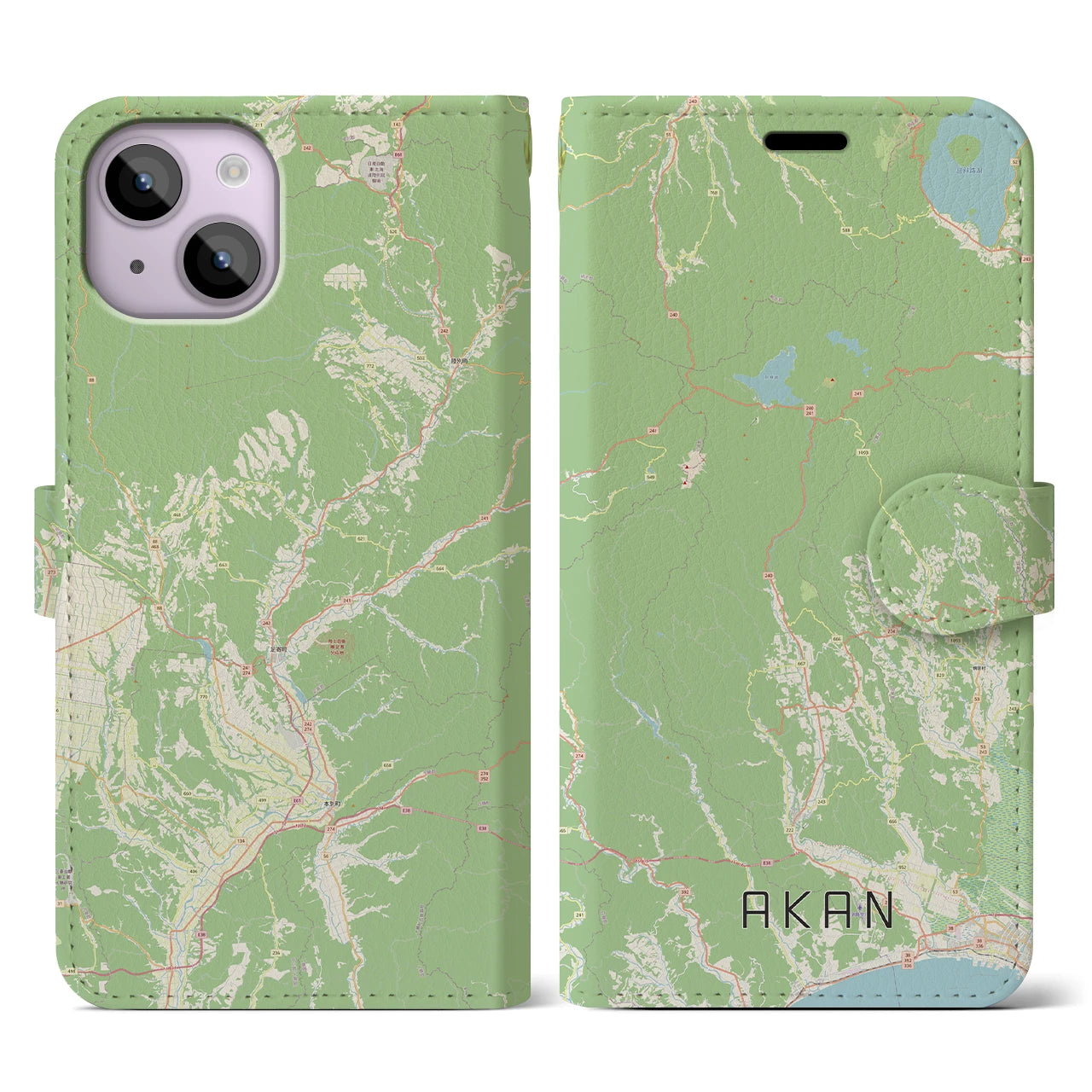 【阿寒(北海道)】地図柄iPhoneケース(手帳タイプ)ナチュラル・iPhone 14 用