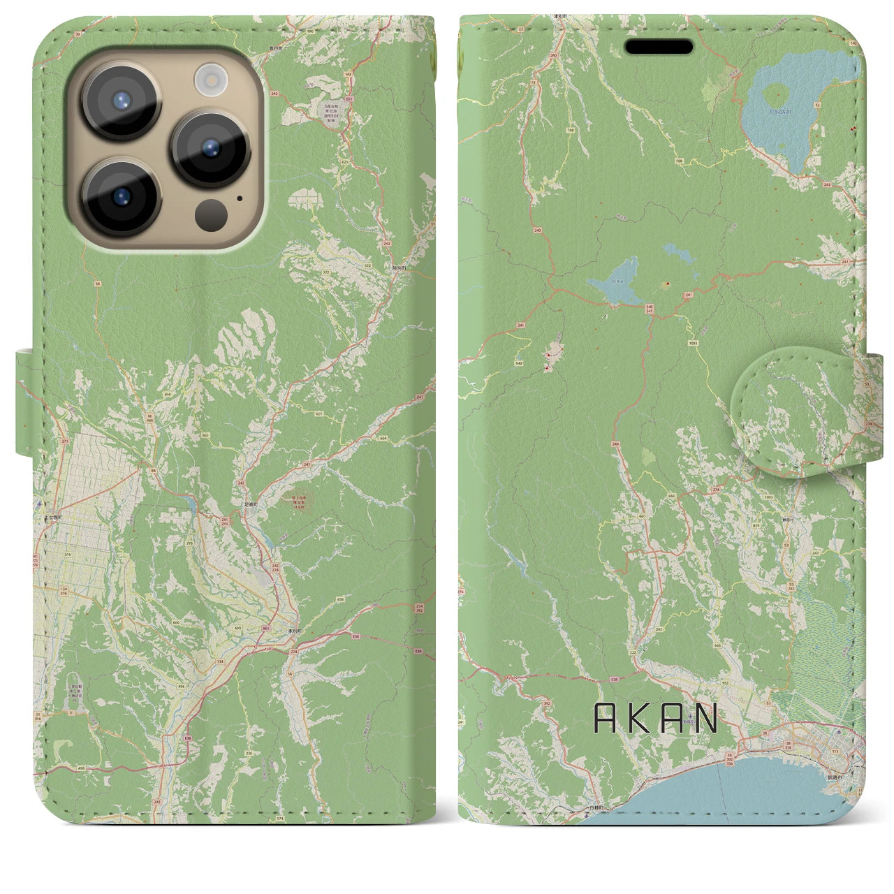 【阿寒(北海道)】地図柄iPhoneケース(手帳タイプ)ナチュラル・iPhone 14 Pro Max 用