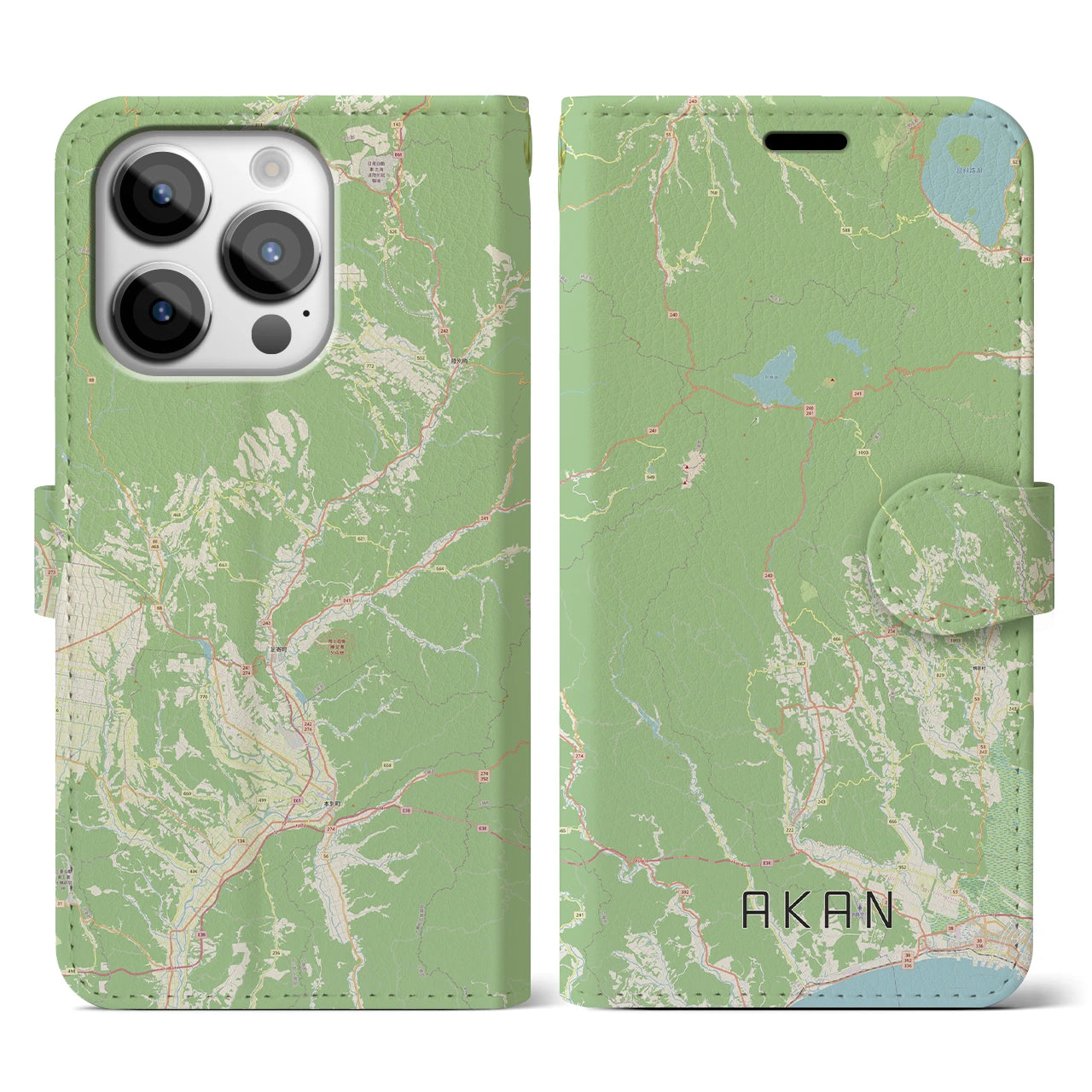 【阿寒(北海道)】地図柄iPhoneケース(手帳タイプ)ナチュラル・iPhone 14 Pro 用