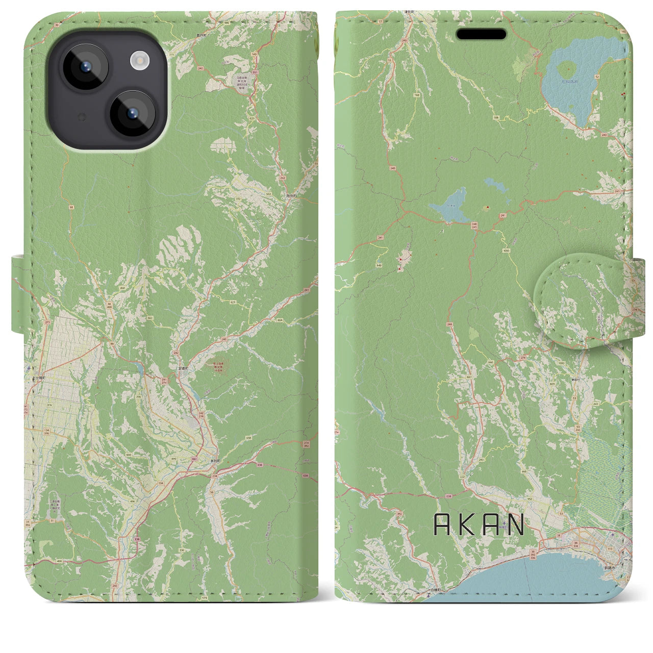 【阿寒(北海道)】地図柄iPhoneケース(手帳タイプ)ナチュラル・iPhone 14 Plus 用