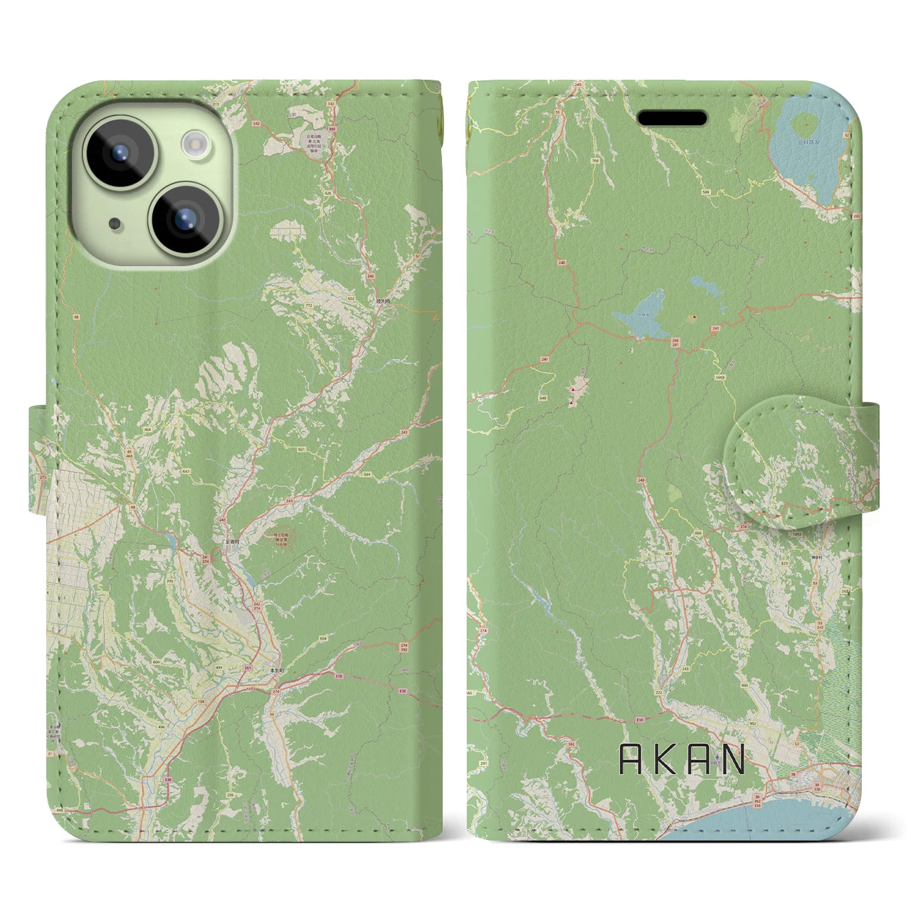 【阿寒(北海道)】地図柄iPhoneケース(手帳タイプ)ナチュラル・iPhone 15 用