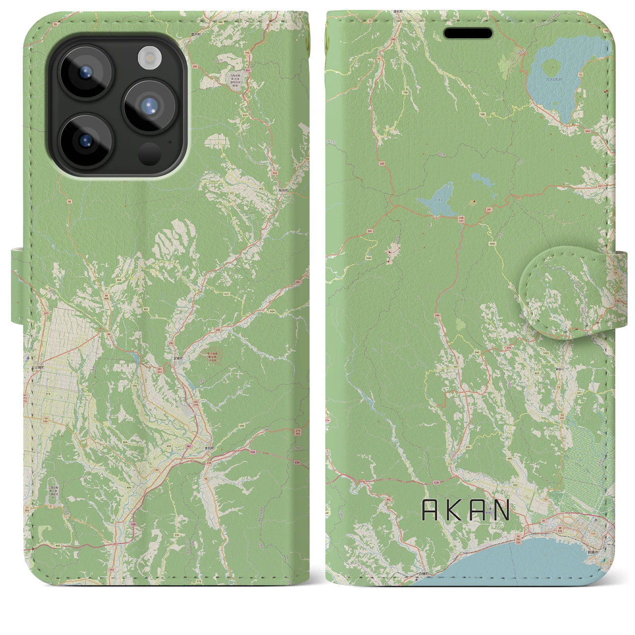 【阿寒(北海道)】地図柄iPhoneケース(手帳タイプ)ナチュラル・iPhone 15 Pro Max 用