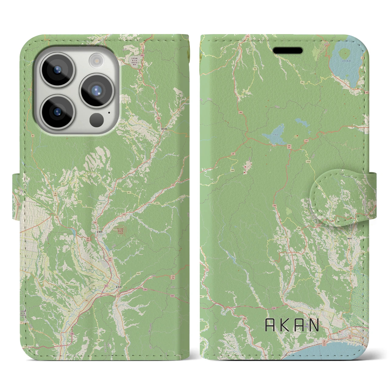 【阿寒(北海道)】地図柄iPhoneケース(手帳タイプ)ナチュラル・iPhone 15 Pro 用