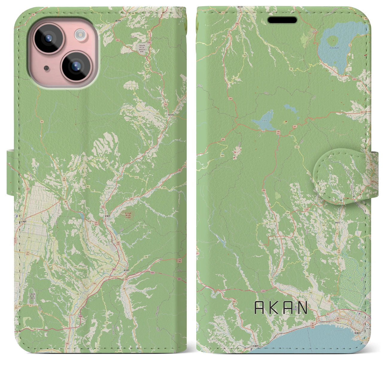 【阿寒(北海道)】地図柄iPhoneケース(手帳タイプ)ナチュラル・iPhone 15 Plus 用