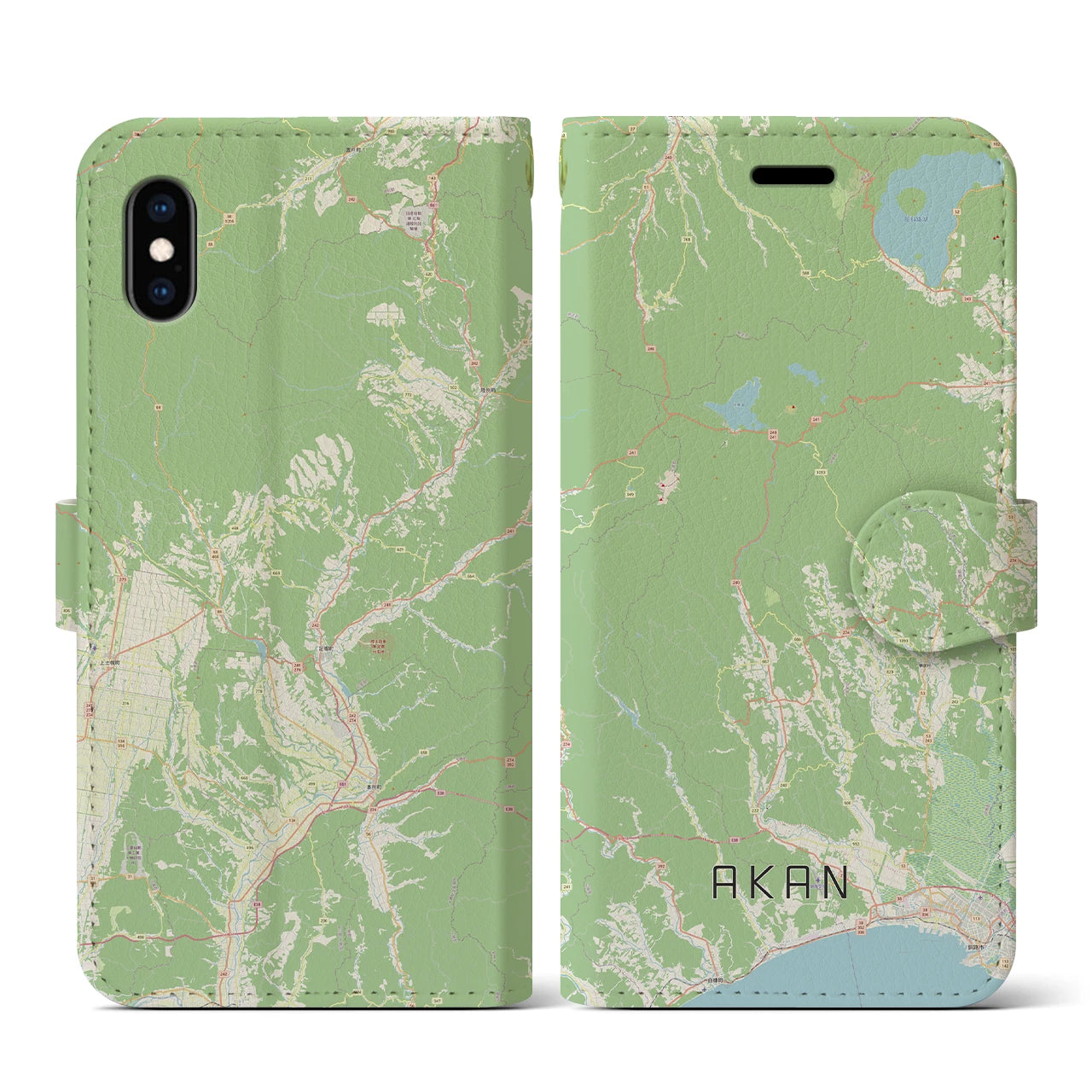 【阿寒(北海道)】地図柄iPhoneケース(手帳タイプ)ナチュラル・iPhone XS / X 用