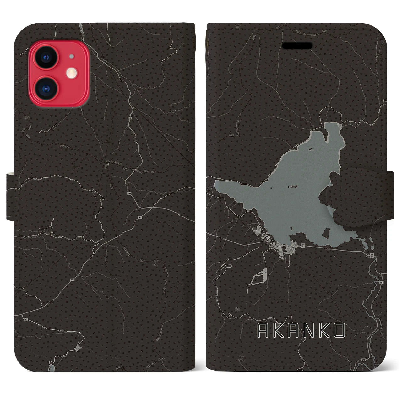 【阿寒湖(北海道)】地図柄iPhoneケース(手帳タイプ)モノトーン・iPhone 11 用