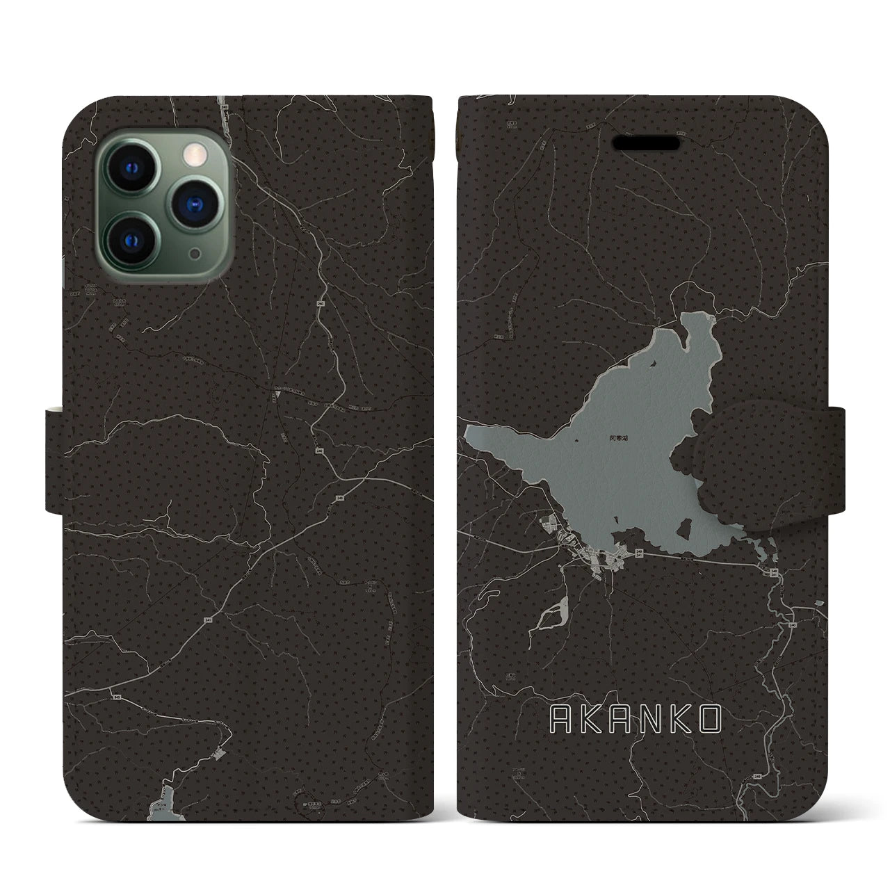 【阿寒湖(北海道)】地図柄iPhoneケース(手帳タイプ)モノトーン・iPhone 11 Pro 用