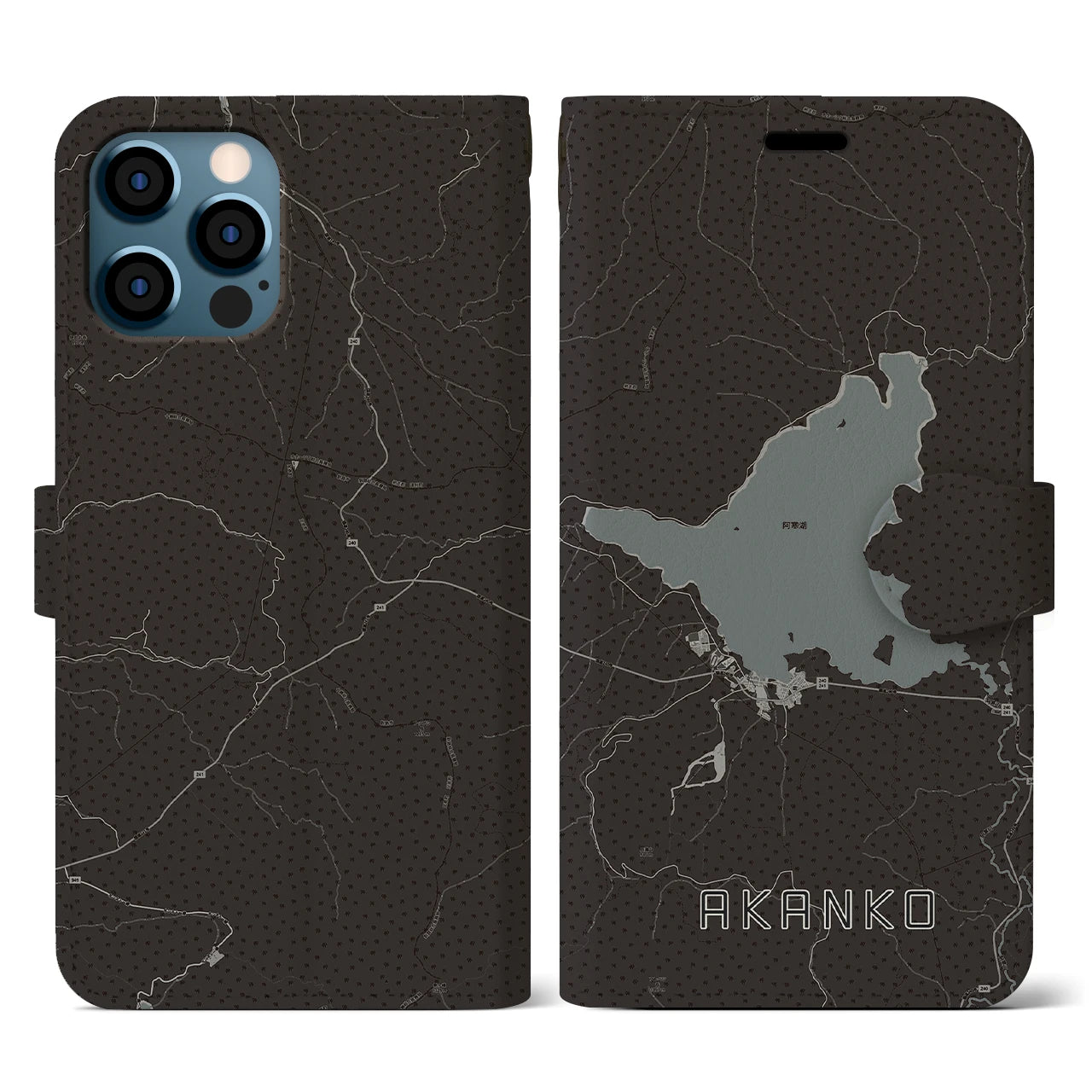 【阿寒湖(北海道)】地図柄iPhoneケース(手帳タイプ)モノトーン・iPhone 12 / 12 Pro 用