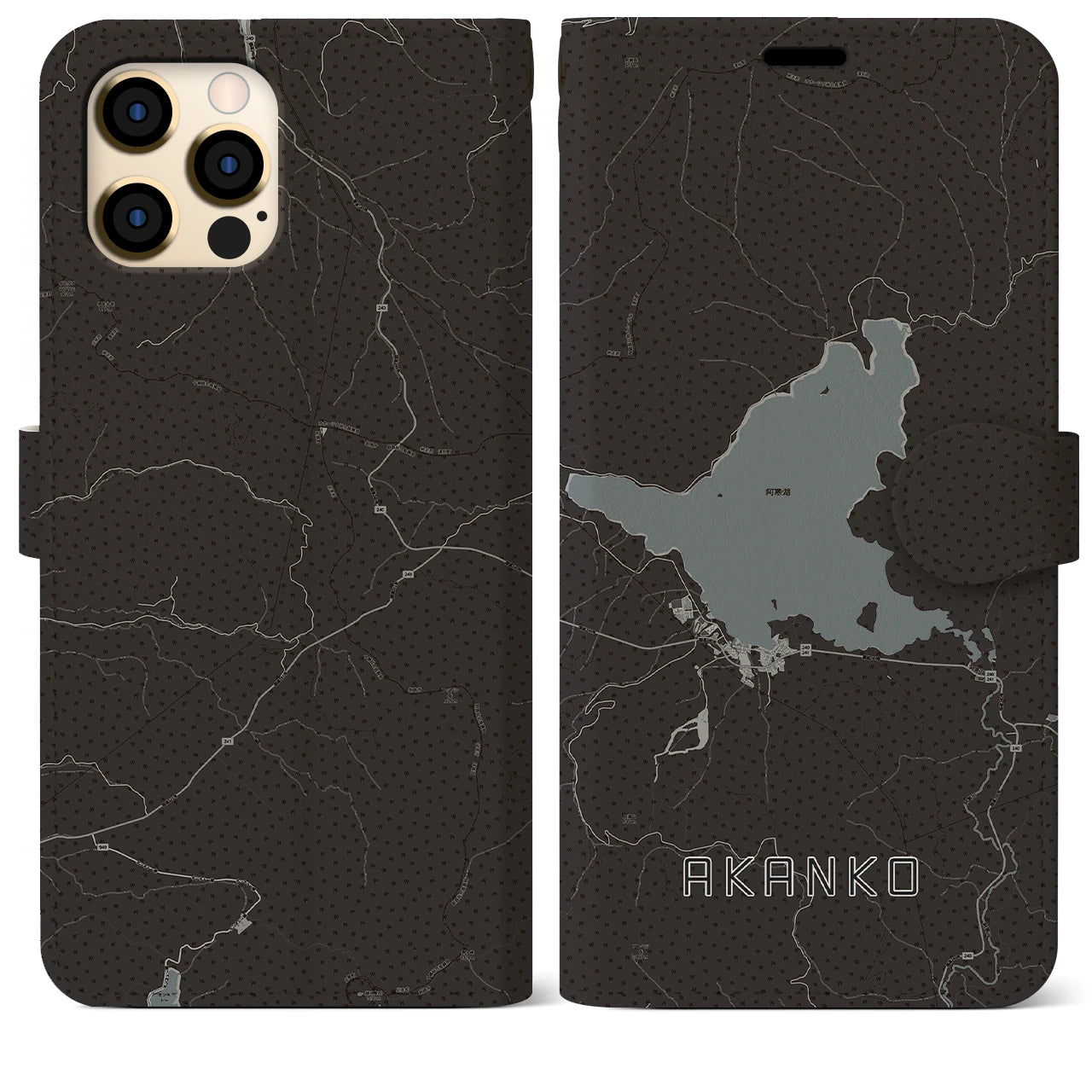 【阿寒湖(北海道)】地図柄iPhoneケース(手帳タイプ)モノトーン・iPhone 12 Pro Max 用