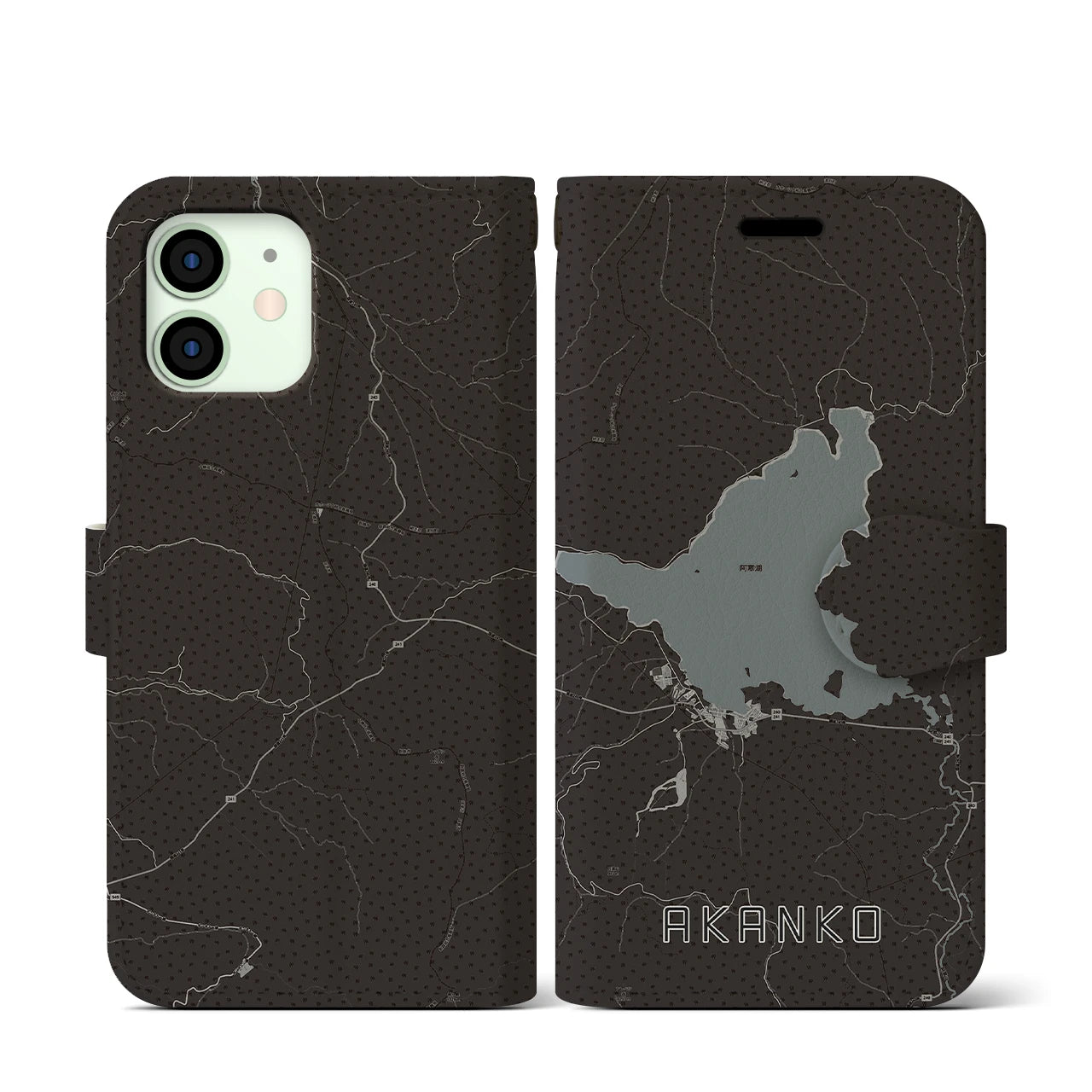 【阿寒湖(北海道)】地図柄iPhoneケース(手帳タイプ)モノトーン・iPhone 12 mini 用