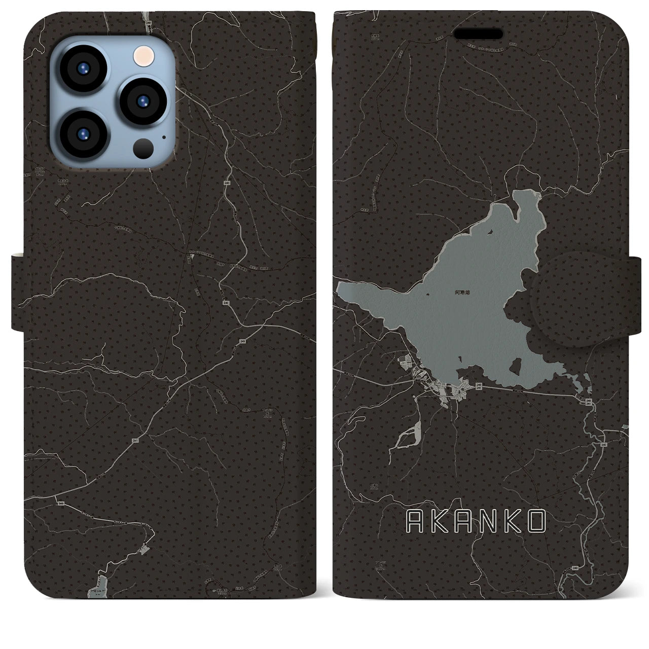 【阿寒湖(北海道)】地図柄iPhoneケース(手帳タイプ)モノトーン・iPhone 13 Pro Max 用