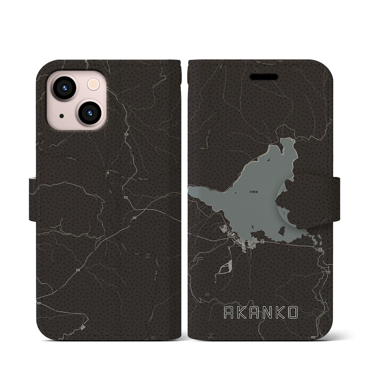 【阿寒湖(北海道)】地図柄iPhoneケース(手帳タイプ)モノトーン・iPhone 13 mini 用