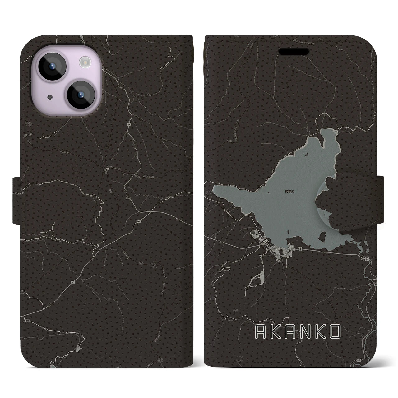【阿寒湖(北海道)】地図柄iPhoneケース(手帳タイプ)モノトーン・iPhone 14 用