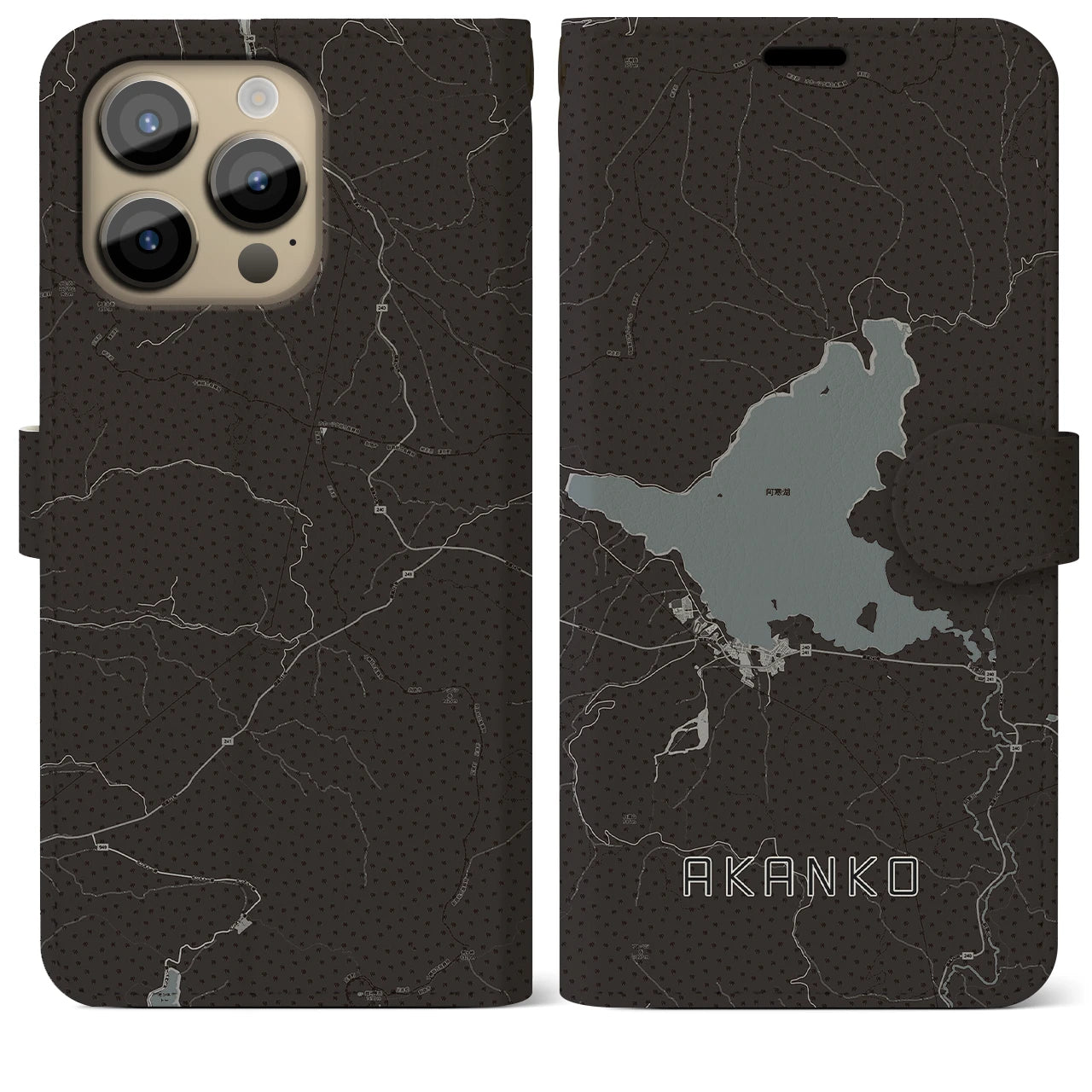 【阿寒湖(北海道)】地図柄iPhoneケース(手帳タイプ)モノトーン・iPhone 14 Pro Max 用