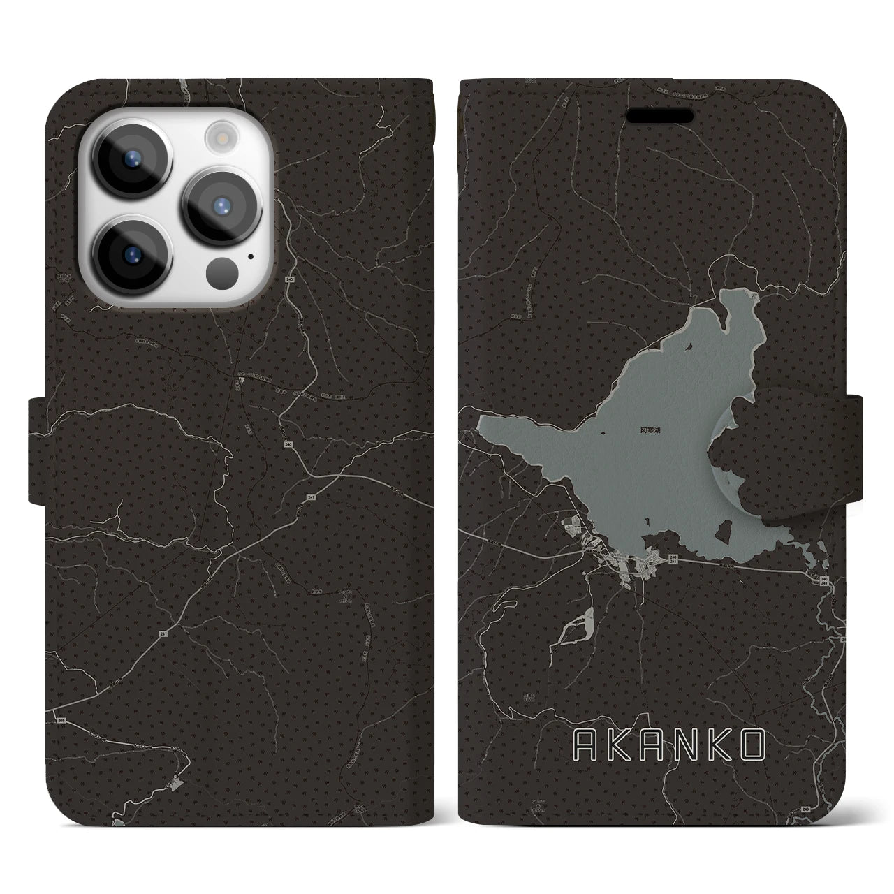 【阿寒湖(北海道)】地図柄iPhoneケース(手帳タイプ)モノトーン・iPhone 14 Pro 用