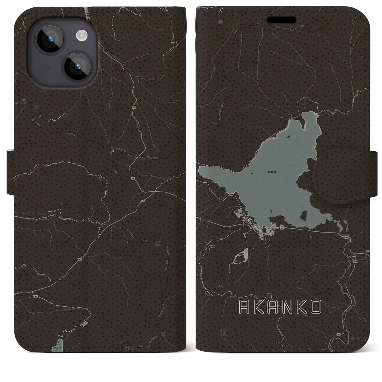 【阿寒湖(北海道)】地図柄iPhoneケース(手帳タイプ)モノトーン・iPhone 14 Plus 用