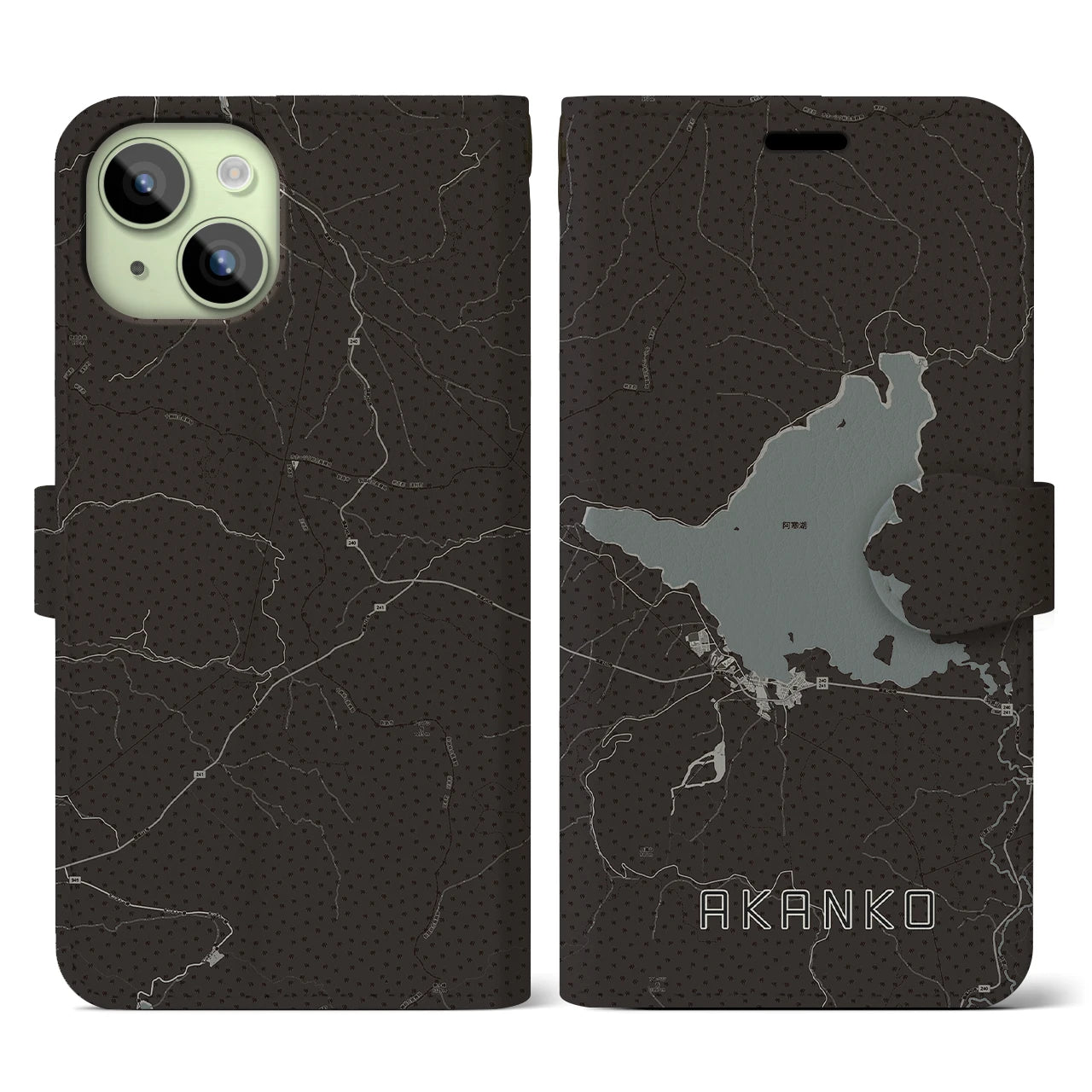 【阿寒湖(北海道)】地図柄iPhoneケース(手帳タイプ)モノトーン・iPhone 15 用