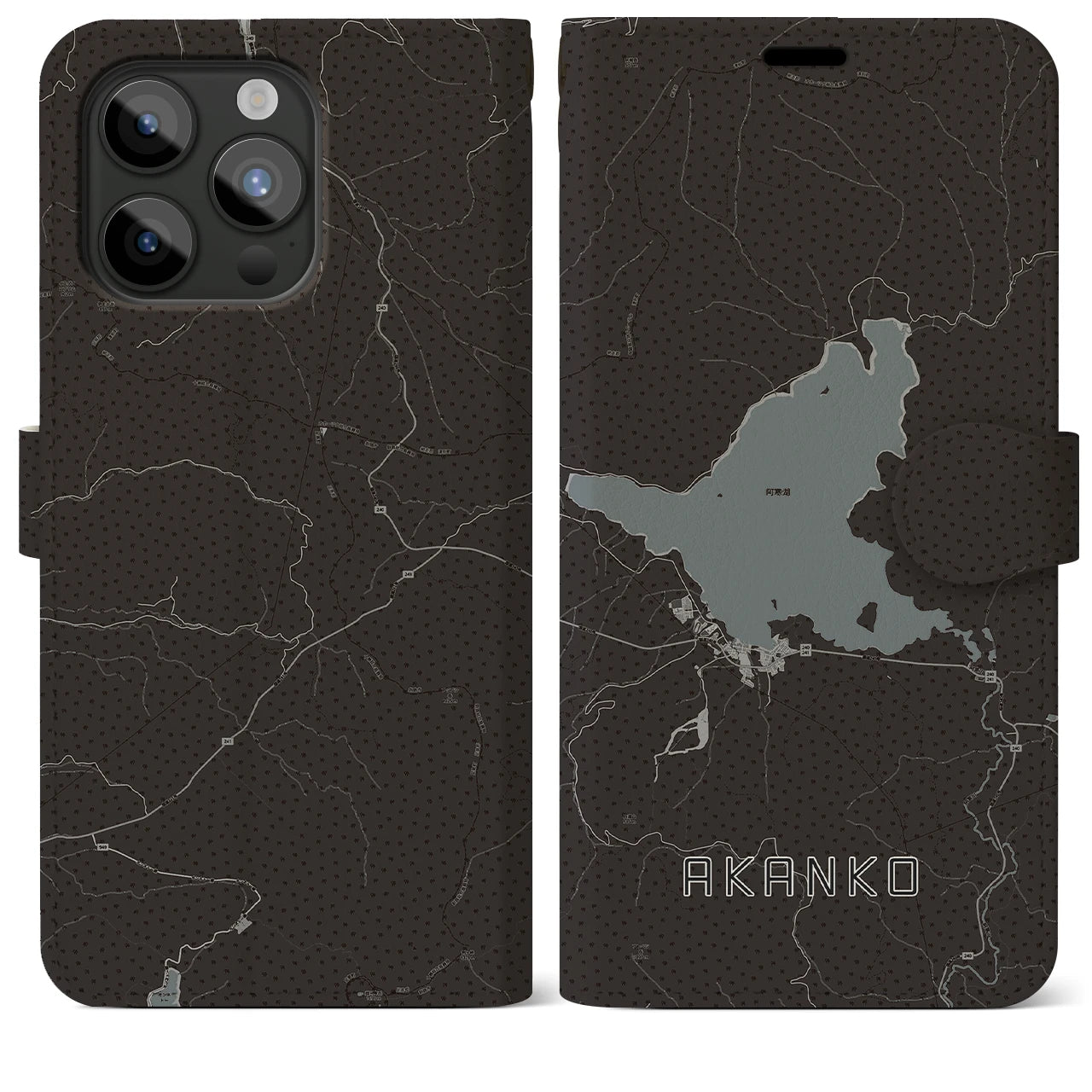 【阿寒湖(北海道)】地図柄iPhoneケース(手帳タイプ)モノトーン・iPhone 15 Pro Max 用