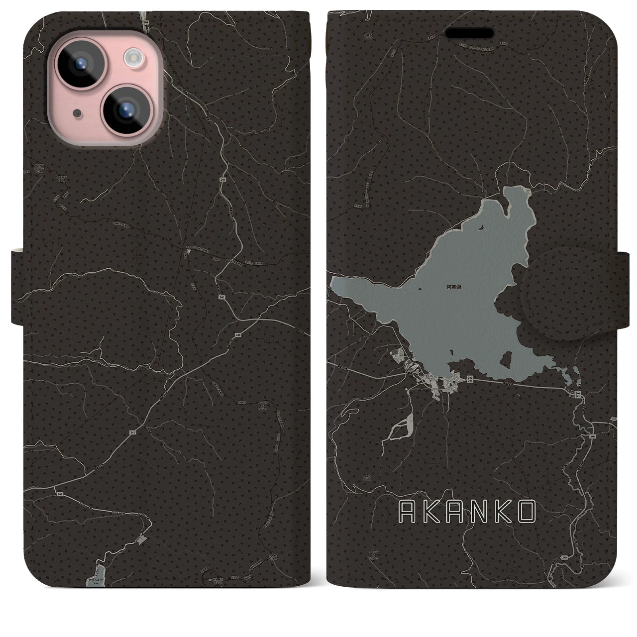 【阿寒湖(北海道)】地図柄iPhoneケース(手帳タイプ)モノトーン・iPhone 15 Plus 用