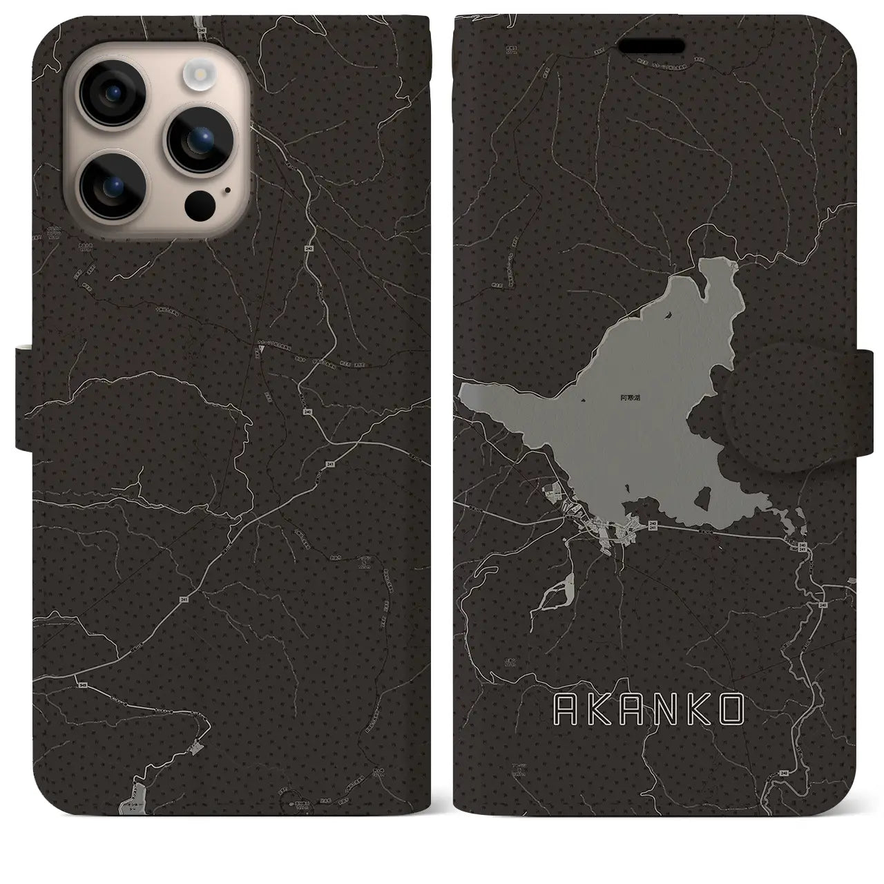 【阿寒湖(北海道)】地図柄iPhoneケース(手帳タイプ)モノトーン・iPhone 16 Plus 用