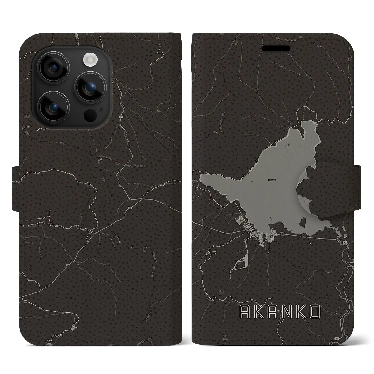 【阿寒湖(北海道)】地図柄iPhoneケース(手帳タイプ)モノトーン・iPhone 16 用