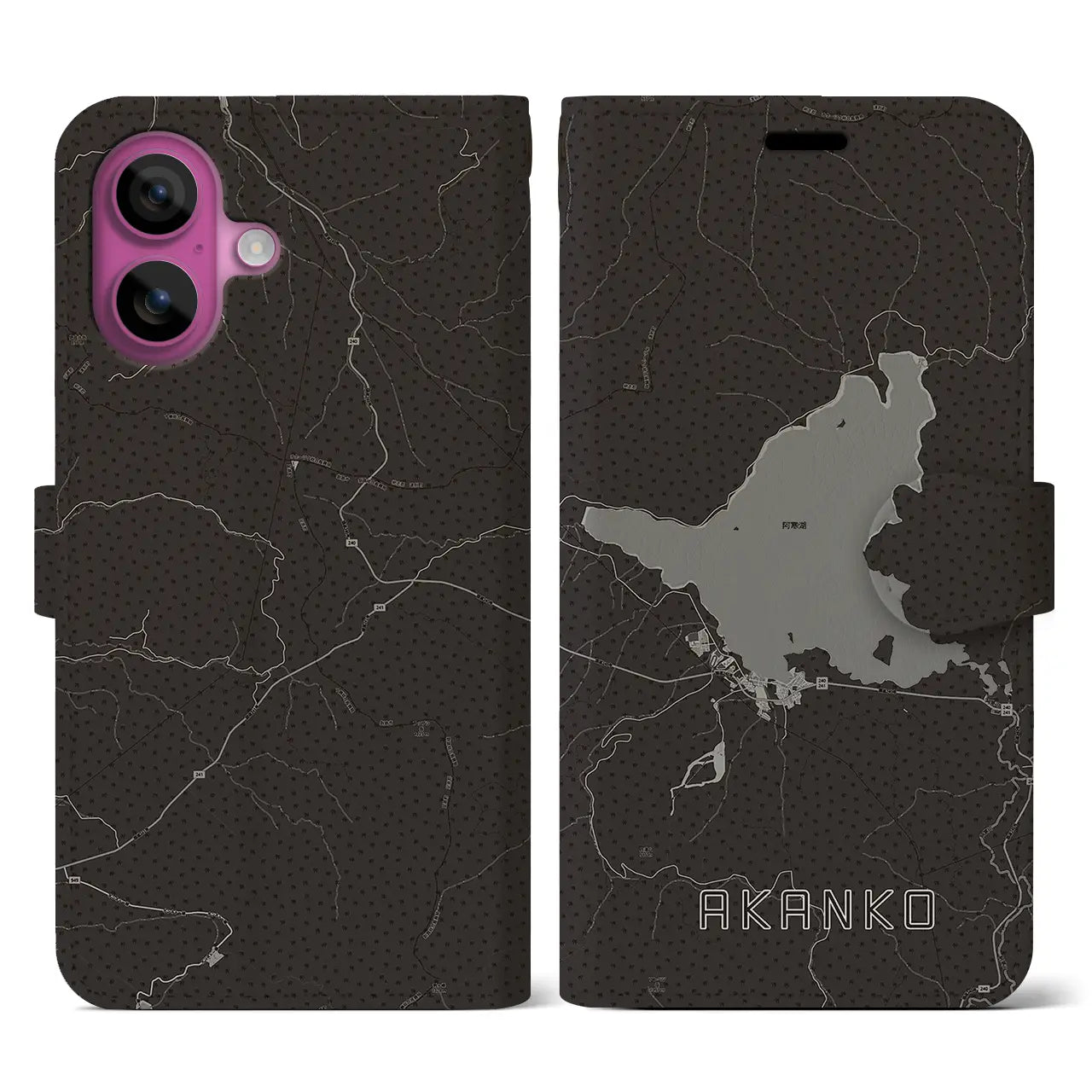 【阿寒湖(北海道)】地図柄iPhoneケース(手帳タイプ)モノトーン・iPhone 16 Pro 用