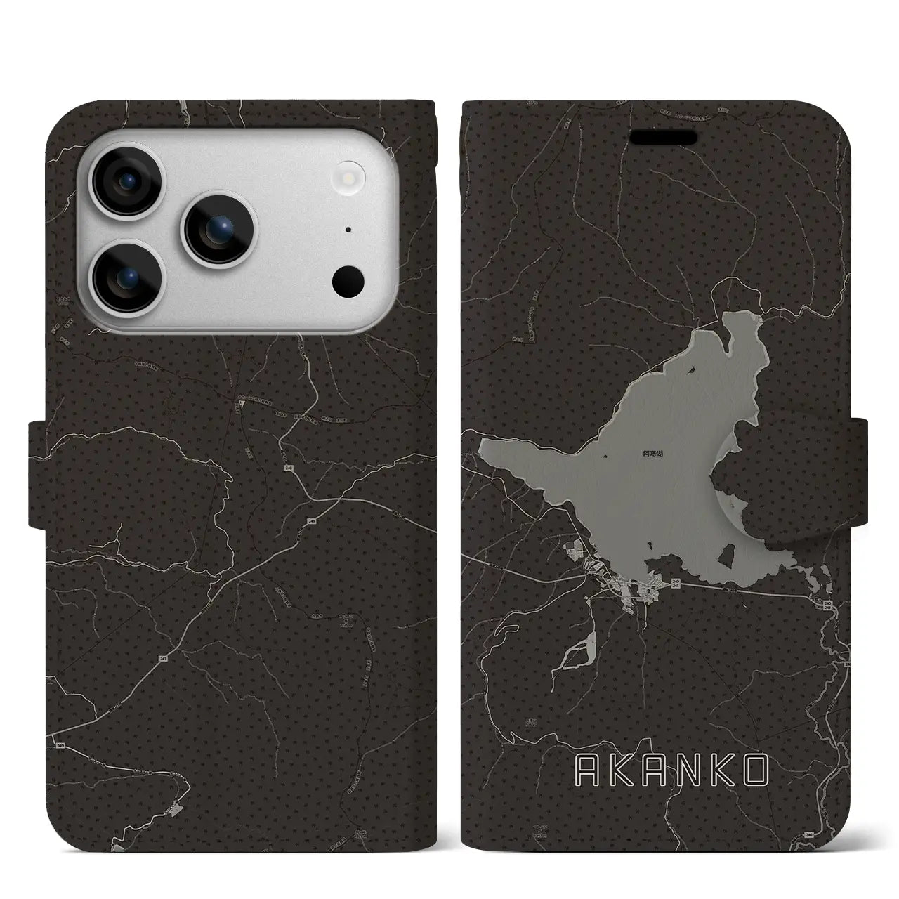 【阿寒湖(北海道)】地図柄iPhoneケース(手帳タイプ)